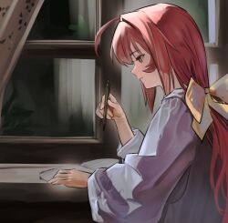 Rule 34 | 1girl, ahoge, bow, chinese commentary, closed mouth, commentary request, from side, hair bow, hand up, holding, holding pen, indoors, kagami sumika, light smile, long hair, long sleeves, low ponytail, muv-luv, notebook, pen, ponytail, profile, red eyes, red hair, robe, solo, takasata takina, upper body, white robe, window, yellow bow