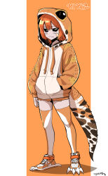 animal_hood animal_print artist_name bandage_on_face bandages black_sclera blush brown_eyes colored_sclera drawstring gecko gegegekman hand_in_pocket highres hood hood_up hoodie korean_text lizard_tail long_sleeves looking_at_viewer medium_hair nike_(company) orange_background orange_hair orange_shoes orange_shorts orange_sleeves original pants personification reptile_girl shoes short_shorts shorts slit_pupils sneakers tail thighhighs torn_clothes torn_pants