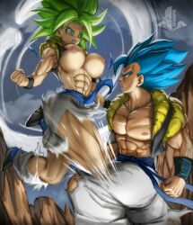 1boy 1girl abs absurdres action_lines angry blue_eyes blue_hair boots bouncing_breasts breasts breasts_out disgust dodging dragon_ball dragon_ball_super dragonball_z elite_nappa fighting fusion_dance gogeta green_eyes green_hair grey_sky highres kefla_(dragon_ball) kicking large_breasts muscular muscular_female muscular_male nipples novasayajingoku pants rock serious sky spiked_hair super_saiyan super_saiyan_blue torn_clothes veins vest