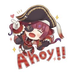 1girl :d ^_^ anchor_symbol arrow_(projectile) arrow_through_heart bicorne black_hat black_jacket black_leotard blush chibi closed_eyes commentary_request covered_navel epaulettes eyepatch facing_viewer fang full_body gloves hair_ribbon hat heart highres hololive houshou_marine jacket leotard leotard_under_clothes long_hair long_sleeves open_clothes open_jacket open_mouth pleated_skirt red_hair red_ribbon red_shirt red_skirt ribbon shirt simple_background skirt sleeveless sleeveless_shirt sleeves_past_fingers sleeves_past_wrists smile solo sparkle totatokeke twintails v-shaped_eyebrows virtual_youtuber white_background white_gloves
