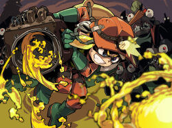 1other :d blonde_hair blue_eyes bulging_eyes chum_(splatoon) clenched_teeth cohock_(splatoon) cohozuna_(splatoon) colored_skin fighting full_body gloves green_gloves green_shoes grey_skin hard_hat headlamp helmet highres inkling inkling_player_character innertube jumpsuit mohawk multiple_others night nintendo open_mouth orange_jumpsuit paint red_eyes red_hair salmon_run_(splatoon) salmonid shoes slosher_(splatoon) smile splatoon_(series) suzuhara_kenji sweat swim_ring teeth