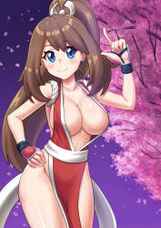 1girl absurdres alternate_breast_size blue_eyes blush breasts brown_hair closed_mouth commentary_request cosplay cowboy_shot els_(ljhlee12) eyelashes falling_petals fatal_fury hand_on_own_hip hand_up high_ponytail highres index_finger_raised long_hair may_(pokemon) night nintendo outdoors pelvic_curtain petals pokemon pokemon_rse ponytail revealing_clothes shiny_skin shiranui_mai shiranui_mai_(cosplay) sideboob sky smile solo tree