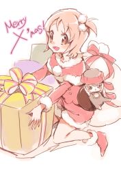 10s 1girl :d alternate_hairstyle bag box brown_eyes brown_hair chiyo_(rotsurechiriha) christmas creature full_body gift gift_box happinesscharge_precure! hat kneeling merry_christmas oomori_yuuko open_mouth phanphan_(happinesscharge_precure!) precure red_shirt shirt short_hair shorts side_ponytail smile white_background
