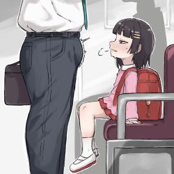 1boy 1girl age_difference backpack bag belt black_eyes blush bulge erection hair_ornament hairclip half-closed_eyes heart heart-shaped_pupils highres kindergarten_uniform legs loli looking_at_another looking_up mesugaki original pants randoseru shoes sitting skirt socks standing symbol-shaped_pupils thighs train train_interior zlix0n