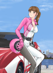 Rule 34 | 1girl, bakuage sentai boonboomger, belt, bodysuit, brown eyes, brown hair, car, helmet, helmet on car, iwa, motor vehicle, shifuto mira, super sentai, unworn headwear, unworn helmet