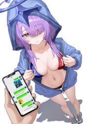 1girl 1other absurdres bikini blue_jacket breasts breasts_apart cellphone chinese_commentary chinese_text closed_mouth commentary_request commission dutch_angle from_above hair_over_one_eye highres holding holding_phone hood hood_up hooded_jacket jacket l_ract looking_at_viewer medium_breasts navel partially_unzipped personification phone pov pov_hands purple_eyes second-party_source shadow shadowverse shoes sneakers solo_focus swimsuit