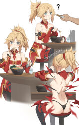 1girl absurdres areola_slip ass back bare_shoulders black_thighhighs blonde_hair blush braid breasts collarbone detached_collar detached_sleeves exploding_clothes fate/apocrypha fate_(series) green_eyes hair_ornament hair_scrunchie highres long_hair mordred_(fate) mordred_(fate/apocrypha) multiple_views panties ponytail red_scrunchie scrunchie sidelocks sitting small_breasts thighhighs tonee translation_request underwear