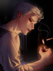 1boy 1other absurdres character_request cigarette closed_mouth collared_shirt commentary copyright_request english_commentary eyeshadow fire from_side grey_vest hashtag-only_commentary highres holding holding_lighter lighter lips looking_at_object looking_down makeup male_focus red_eyes shirt short_hair sleeves_rolled_up smoke smoking solo_focus upper_body vest white_hair white_shirt yum_606