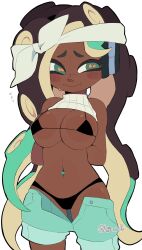 1girl aqua_eyes aqua_hair areola_slip arms_behind_back artist_name averting_eyes bandana bare_shoulders bikini bikini_under_clothes black_bikini blue_shorts blush breasts brown_hair cephalopod_eyes closed_mouth clothes_lift clothes_pull cowboy_shot dark-skinned_female dark_skin embarrassed flying_sweatdrops furrowed_brow groin headphones highres horizontal_pupils kiirono large_breasts long_hair marina_(dj_hyperfresh)_(splatoon) marina_(splatoon) mole mole_under_mouth multicolored_hair navel_piercing nintendo octoling orange_pupils parted_bangs piercing ribbed_sweater shorts shorts_pull simple_background sleeveless sleeveless_turtleneck smile solo splatoon_(series) splatoon_2 splatoon_2:_octo_expansion standing suction_cups sweater sweater_lift swimsuit tentacle_hair turtleneck turtleneck_sweater two-tone_hair white_background white_bandana white_sweater