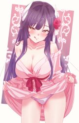1girl absurdres arbiter1 azur_lane black_hair blush bow breasts closed_mouth clothes_lift collarbone commentary_request cowboy_shot dress dress_lift flower hair_flower hair_ornament heart heart-shaped_pupils hiei_(azur_lane) hiei_(moonlit_cruise)_(azur_lane) highres horns large_breasts licking_lips lifting_own_clothes long_hair mixed-language_commentary nightgown nightgown_lift nightgown_pull official_alternate_costume panties pink_nightgown red_bow red_flower simple_background sleepwear solo symbol-shaped_pupils thighs tongue tongue_out underwear white_background white_horns white_panties yellow_eyes