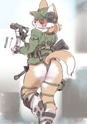 1girl airsoft_corgi_(yazawa_owl) animal_ear_fluff animal_ears ass breasts brown_hair dog dog_ears dog_girl dog_tail furry furry_female glasses gun handgun highres large_breasts original tactical_clothes tail thong weapon yazawa_owl