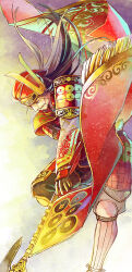 Rule 34 | armor, banner, beard, beret, black hair, facial hair, hat, japanese clothes, long hair, multicolored hair, mustache, polearm, sanada masayuki, sengoku musou, two-tone hair, weapon, white hair