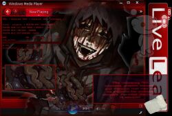 1boy absurdres arm_around_waist averting_eyes bags_under_eyes black_bow black_eyes black_hair blood blood_from_forehead blood_on_clothes blood_on_face body_horror bow crazy_grin cry_of_fear fake_screenshot fangs gauze grey_hoodie guro highres hole_on_body hood hood_up hoodie intestines ji01_jiji liveleak male_focus outline outside_border playing_with_organs reddit revealing_layer short_hair simon_henriksson_(book) solo white_outline windows_media_player zoom_layer