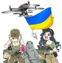 2girls 2others anonymous_(japanese) azov_battalion belt belt_buckle belt_pouch black_belt black_gloves black_pouch blonde_hair blush bomb boots bow breasts brown_boots brown_eyes brown_pants buckle cargo_pants clenched_teeth controller crop_top drone evil_grin evil_smile explosive gloves green_gloves green_hair green_shirt green_tank_top grin happy hat holding holding_bomb holding_controller holding_missile holding_pen homunculus_loxodontus jacket japanon kraken_(japanon) large_breasts long_hair looking_down marichka medium_breasts midriff military military_uniform multiple_girls multiple_others navel open_mouth original pants peaked_cap pen pouch russo-ukrainian_war schweinokaras shiny_eyes shirt shirt_bow short_hair smile squid_print stomach swastika_tattoo tank_top tattoo teeth transparent_background ukraine ukrainian_flag v-shaped_eyebrows