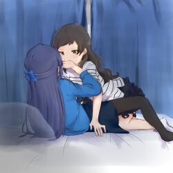Rule 34 | 2girls, black hair, black pantyhose, black skirt, blue bow, blue cardigan, bow, brown eyes, brown hair, cardigan, covering another&#039;s mouth, eye contact, hair bow, half updo, highres, hutaba, idolmaster, idolmaster million live!, indoors, kitazawa shiho, long hair, long sleeves, looking at another, mogami shizuka, multiple girls, on bed, pantyhose, pinstripe pattern, pinstripe shirt, shirt, short sleeves, skirt, white shirt, yuri
