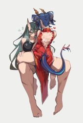 2girls absurdres arknights bare_shoulders barefoot blue_hair breasts ch&#039;en_(ageless_afterglow)_(arknights) ch&#039;en_(arknights) china_dress chinese_clothes commentary dragon_girl dragon_horns dragon_tail dress drunk english_commentary full_body green_hair grey_background hair_between_eyes heart highres horns hoshiguma_(arknights) invisible_chair large_breasts long_hair multiple_girls muscular muscular_female nape official_alternate_costume red_dress scar see-through_clothes see-through_dress shoulder_blades simple_background single_horn sitting skin-covered_horns sleeveless sleeveless_dress squeans tail togekk0 yellow_eyes yuri