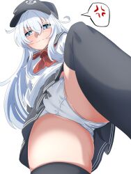 Rule 34 | 1girl, anchor symbol, anger vein, black hat, black sailor collar, black skirt, black thighhighs, blue eyes, blush, flat cap, from below, hair between eyes, hat, hibiki (kancolle), highres, kantai collection, kirisame0729, long hair, looking at viewer, miniskirt, neckerchief, panties, pleated skirt, red neckerchief, sailor collar, school uniform, serafuku, skirt, solo, speech bubble, spoken anger vein, thighhighs, underwear, very long hair, white hair, white panties