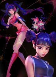 1girl asian bare_arms bare_shoulders black_background blue_eyes blue_hair blue_shirt blue_wings blunt_bangs blunt_ends boots breasts closed_mouth commentary covered_navel crop_top english_commentary eyelashes fairy fairy_wings finger_to_own_chin floating floating_hair flower foys_si glitter hand_on_own_chest happy highres knee_boots leotard leotard_under_clothes light_rays lipstick long_hair magical_girl makeup medium_breasts microskirt multiple_views musa_(winx_club) pink_boots pink_flower pink_leotard pink_lips pink_shirt pink_skirt shirt short_hair short_twintails simple_background skirt skirt_set sleeveless sleeveless_shirt smile sparkle tsurime twintails very_long_hair wings winx_club zipper