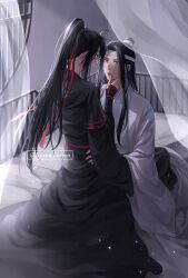 Rule 34 | 2boys, ahoge, bed, bed sheet, bishounen, black hair, black hanfu, bleeding, blood, blood on face, blood on hands, blush, chinese clothes, couple, curtains, eye contact, hair ribbon, hand on another&#039;s chin, hand on another&#039;s face, hand on another&#039;s shoulder, hands on another&#039;s hips, hanfu, headband, high ponytail, highres, indoors, koma horen, lan wangji, lattice, light particles, lipstick mark, long hair, long sleeves, looking at another, male focus, modao zushi, multiple boys, on bed, open mouth, parted lips, ponytail, red eyes, red ribbon, ribbon, robe, round window, sash, see-through curtains, sidelocks, sitting, sitting on lap, sitting on person, sleeves past wrists, topknot, twitter username, watermark, wei wuxian, white hanfu, white headband, wide sleeves, window, xiao guan (headdress), yaoi, yellow eyes