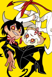 2girls black_coat black_hair bow bowtie coat demon_girl demon_horns demon_tail fangs grin high_heels highres horns looking_at_viewer momomo_906 multicolored_eyes multiple_girls original red_bow red_bowtie red_eyes sharp_teeth short_hair shorts simple_background skin_fangs smile tail teeth white_shorts wings yellow_background yellow_eyes