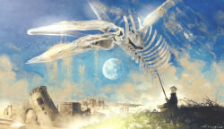 1boy absurdres animal_skeleton artist_name bird black_boots black_coat blue_sky boots brick_wall building castle coat dated day desert floating_clothes from_side grass highres holding holding_staff jimini_shijimi landscape long_coat moon original ruins sand scenery short_hair skeleton sky solo staff standing sunlight very_wide_shot white_hair wind