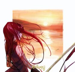 1girl detached_sleeves hair_down highres hill lake llbzqsj long_hair looking_to_the_side magical_girl mahou_shoujo_madoka_magica orange_sky red_eyes red_hair reeds sakura_kyoko sakura_kyoko_(magical_girl) sky sleeveless sun sunset