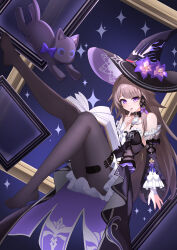 1girl absurdres ascot bare_shoulders black_dress black_pantyhose black_sleeves breasts brown_hair commentary detached_sleeves dress feet finger_to_mouth flower hair_ribbon hat hat_flower herta_(honkai:_star_rail) highres honkai:_star_rail honkai_(series) jewelry key key_necklace kurosti long_hair looking_at_viewer nail_polish necklace no_shoes pantyhose purple_eyes purple_flower purple_hat purple_nails purple_ribbon ribbon shushing small_breasts solo the_herta_(honkai:_star_rail) toes white_ascot witch_hat