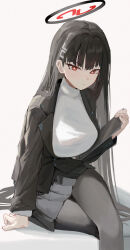 1girl absurdres arm_support black_hair black_jacket black_pantyhose black_skirt blazer blue_archive breasts bright_pupils commentary crossed_legs feet_out_of_frame haimaotuanzi halo highres holding holding_tablet_pc jacket large_breasts long_hair long_sleeves looking_at_viewer miniskirt pantyhose pleated_skirt red_eyes rio_(blue_archive) sitting skirt solo straight_hair sweater tablet_pc turtleneck turtleneck_sweater very_long_hair white_pupils white_sweater