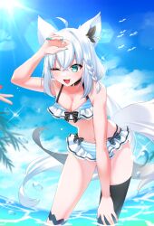 Rule 34 | 1girl, alternate costume, animal ear fluff, animal ear piercing, animal ears, aqua eyes, aqua nails, arm up, bikini, black thighhighs, blush, braid, breasts, cleavage, collarbone, fox ears, fox girl, fox tail, frilled bikini, frilled bikini top, frills, hair between eyes, hair ornament, hand on own knee, highres, hololive, leaning forward, long hair, medium breasts, navel, one eye closed, open mouth, shikimoku, shirakami fubuki, side braid, single thighhigh, smile, stomach, striped bikini, striped clothes, swimsuit, tail, thighhighs, virtual youtuber, wet, white hair