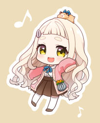 Rule 34 | 1girl, animal, animal on head, bag, blonde hair, blue ribbon, blush, brown footwear, brown skirt, cardigan, chibi, full body, gonzalez (machita chima), hamster, hand up, highres, long hair, machita chima, machita chima (1st costume), nagushio, nijisanji, on head, open cardigan, open clothes, open mouth, outline, outstretched arm, pink cardigan, ribbon, seed, shirt, shoulder bag, skirt, sleeves past fingers, sleeves past wrists, solo, sunflower seed, teeth, thick eyebrows, upper teeth only, virtual youtuber, white outline, white shirt, yellow eyes