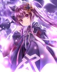 1girl alucard_lore bat_(animal) bat_wings cloak downturned_eyes dress emil_chronicle_online familiar hair_ornament long_hair looking_at_viewer maou_mikage purple_dress purple_eyes purple_hair purple_ribbon red_wings ribbon smile twintails wings
