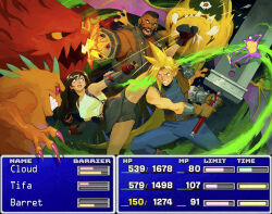 ahriman arm_cannon barret_wallace beard bike_shorts black_hair blonde_hair bomb_(final_fantasy) buster_sword character_name cloud_strife crop_top dark-skinned_male dark_skin duckgoose facial_hair fighting fighting_stance final_fantasy final_fantasy_vii fingerless_gloves firing frog gameplay_mechanics gatling_gun gloves health_bar high_kick kicking monster skirt spiked_hair suspender_skirt suspenders tank_top tifa_lockhart weapon wings