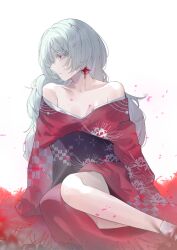 1girl absurdres alternate_costume bandage_over_one_eye bare_shoulders breasts cleavage closed_mouth collarbone colored_eyelashes commentary earrings flower grey_eyes grey_hair highres japanese_clothes jewelry kimono long_hair looking_at_viewer off_shoulder phrolova_(wuthering_waves) profile red_kimono red_petals red_pupils shigureszku sideways_glance simple_background sitting small_breasts solo spider_lily white_background white_eyelashes wuthering_waves