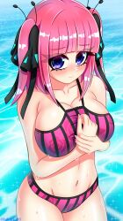 1girl artist_name bikini black_bikini black_ribbon breasts cleavage closed_mouth collarbone cowboy_shot dot_nose embarrassed eyebrows eyelashes female_focus from_above go-toubun_no_hanayome hair_ribbon large_breasts long_hair looking_at_viewer looking_up lukari multicolored_bikini nakano_nino navel ocean pink_bikini pink_hair purple_eyes ribbon solo standing striped_clothes swimsuit twintails two-tone_bikini vertical-striped_clothes water