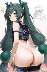 1boy 1girl absurdres accidental_pervert arm_strap ass black_sports_bra blush breasts clothes_pull commission from_behind green_eyes green_hair hair_ornament hand_blush highres long_hair looking_at_viewer looking_back pixiv_commission pov pov_hands qingyi_(zenless_zone_zero) shorts shorts_pull small_breasts soba11 sports_bra twintails very_long_hair wise_(zenless_zone_zero) zenless_zone_zero