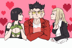 Rule 34 | 1boy, 2girls, afterimage, bikini, black hair, black jacket, blonde hair, cez, commentary, crossed arms, english commentary, gloves, green bikini, green gloves, heart, holly summers, interlocked fingers, jacket, long hair, looking at another, multiple girls, no more heroes, parody, red jacket, short hair, smile, spiked hair, swimsuit, sylvia christel, the weaker sex 1 (gibson), travis touchdown, twintails