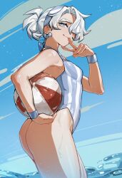 Rule 34 | 1girl, absurdres, alohapz, artist name, ass, ball, beachball, blue sky, breasts, earrings, grey eyes, grey hair, hairband, highleg, highres, holding, holding ball, holding beachball, jewelry, looking at viewer, one-piece swimsuit, original, signature, single earring, sky, small breasts, smile, solo, striped clothes, striped one-piece swimsuit, swimsuit, thick thighs, thighs, water, wristband