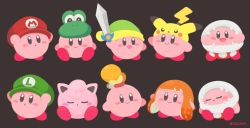 :d :o animal_crossing bad_id bad_twitter_id black_background blue_eyes blush_stickers character_hat closed_mouth copy_ability cosplay creatures_(company) game_freak gen_1_pokemon green_headwear hat holding holding_sword holding_weapon inkling inkling_girl inkling_player_character isabelle_(animal_crossing) jigglypuff kirby kirby_(series) link looking_at_viewer looking_to_the_side luigi mario mario_(series) nintendo no_humans open_mouth pikachu piranha_plant piranha_plant_(cosplay) pokemon pokemon_(creature) red_footwear red_headwear rizu_(rizunm) shoes simple_background sitting sleeping smile splatoon_(series) standing super_smash_bros. sword tentacle_hair the_legend_of_zelda twitter_username weapon yellow_headwear yoshi