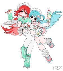 2girls apron aqua_hair artist_name blush breasts closed_mouth full_body green_shoes grin hair_ornament hairclip half-closed_eyes highres holding holding_ice holding_tray leg_warmers long_hair looking_at_viewer maid maid_headdress multiple_girls original pink_shoes red_eyes shoes simple_background smile teeth tray white_apron white_background white_leg_warmers wolrero