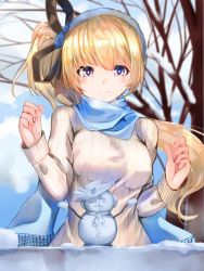 Rule 34 | 1girl, bare tree, black ribbon, blonde hair, blue scarf, blurry, blurry background, blush, breasts, closed mouth, commentary request, depth of field, excella (delltothu), female focus, hair between eyes, hair ribbon, highres, long hair, long sleeves, looking at viewer, medium breasts, purple eyes, ribbed sweater, ribbon, scarf, shironeko project, smile, snow, snowman, solo, sophie (shironeko project), sweater, tree, very long hair, white sweater