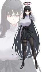 1girl black_hair black_halo black_pantyhose blue_archive breasts bright_pupils clothes_around_waist full_body hair_ornament hairclip hairpin halo hand_up high_heels highres holster jacket jacket_around_waist large_breasts long_hair looking_at_viewer multicolored_halo pantyhose red_eyes ringed_eyes rio_(blue_archive) solo suigetu26 sweater tablet_pc thigh_holster turtleneck turtleneck_sweater two-tone_halo white_pupils white_sweater zoom_layer