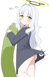 1girl absurdres accidental_exposure alternate_costume ass blue_archive blush bottomless butt_crack clothes_lift drone embarrassed frown green_eyes halo hare_(blue_archive) herananu highres long_hair oversized_clothes oversized_shirt pajamas shirt shirt_lift solo t-shirt white_background white_hair