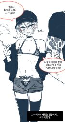 2boys androgynous arm_tattoo baseball_cap bishounen black_thighhighs blush choker cigarette crossdressing earrings eyeliner greyscale hat high_school_boy highres hong_iltak jewelry korean_commentary korean_text looking_at_viewer makeup male_focus male_with_breasts monochrome multiple_boys parkgee red_eyeliner short_hair short_shorts shorts size_difference smoking solo_focus spot_color sweatdrop tattoo thighhighs trap