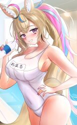1girl absurdres animal_ears bare_shoulders blonde_hair blue_hair bottle breasts cleavage cowboy_shot fox_ears fox_girl fox_tail highres holding holding_bottle hololive large_breasts multicolored_hair omaru_polka one-piece_swimsuit pink_hair purple_eyes solo streaked_hair swimsuit tail virtual_youtuber waniwani_(wasabiwaniwani) white_one-piece_swimsuit