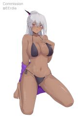 1girl bare_shoulders bikini black_bikini blush breasts cleavage collarbone commentary commission covered_erect_nipples dark-skinned_female dark_skin eruda_erudia full_body girls&#039;_frontline girls&#039;_frontline_2:_exilium grey_hair hair_between_eyes hair_ornament high_ponytail highres large_breasts long_hair looking_at_viewer navel nemesis_(girls&#039;_frontline_2) o-ring o-ring_bikini o-ring_bottom parted_lips ponytail purple_eyes side-tie_bikini_bottom sidelocks simple_background solo stomach sweat swimsuit twitter_username white_background