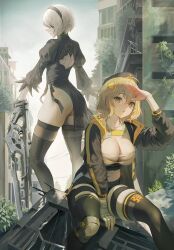 2b_(nier:automata) 2girls absurdres anis_(nikke) arm_up ass beret black_dress black_hairband black_thighhighs breasts brown_eyes brown_hair crossover dress goddess_of_victory:_nikke bad_tag hair_ornament hairband hairclip hat highres jacket juliet_sleeves large_breasts long_sleeves multiple_girls myabit navel nier:automata nier_(series) parted_lips planted planted_sword planted_weapon puffy_sleeves sitting stomach sword thighhighs weapon white_hair