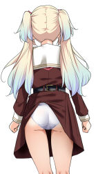1girl absurdres ass bare_legs clenched_hands from_behind gradient_hair hasu_no_sora_school_uniform highres link!_like!_love_live! long_hair love_live! multicolored_hair osawa_rurino panties school_uniform twintails underwear upskirt white_background white_panties yopparai_oni