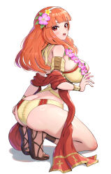 1girl absurdres ass bare_shoulders bikini blunt_bangs blush breasts brown_bikini butt_crack celica_(fire_emblem) celica_(summer)_(fire_emblem) cleavage fire_emblem fire_emblem_echoes:_shadows_of_valentia fire_emblem_heroes flower flower_hairband flower_necklace gonzarez hair_flower hair_ornament hairband highres jewelry large_breasts lei looking_at_viewer necklace nintendo official_alternate_costume open_mouth priestess red_eyes red_hair red_sash red_shawl sandals sash shawl sideboob simple_background smile solo swimsuit white_background