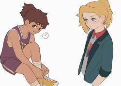 2girls amphibia androgynous anne_boonchuy blonde_hair blue_eyes brown_eyes brown_hair dark_skin drunkfood_d from_side jacket mole mole_under_eye multiple_girls non-web_source ponytail sasha_waybright school_uniform scrunchie shoes sjms_school_uniform smile teeth yellow_shoes