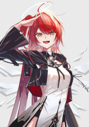 Rule 34 | 1girl, :d, absurdres, arknights, arm up, black jacket, chinese commentary, commentary request, cowboy shot, crop top, cropped jacket, cross, cross earrings, earrings, exusiai (arknights), exusiai the new covenant (arknights), grey background, halo, highres, jacket, jewelry, latin cross, long sleeves, looking at viewer, medium hair, one side up, open clothes, open jacket, open mouth, red hair, salute, shirt, simple background, smile, solo, standing, teeth, traditional halo, upper teeth only, user dnaw7388, white halo, white shirt, yellow eyes
